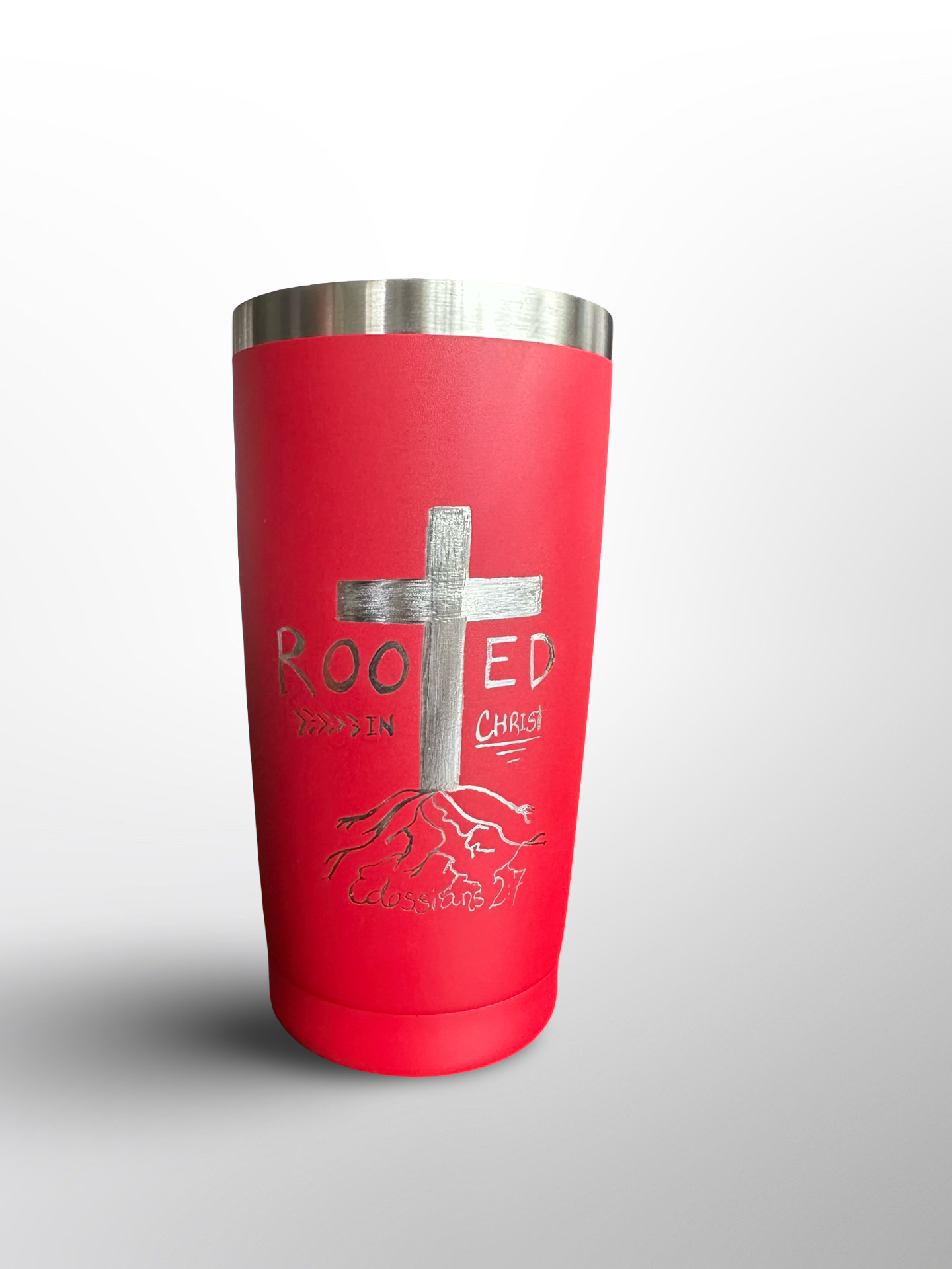 Rooted in Christ – 20 oz Hand-Engraved Red Stainless Steel Tumbler