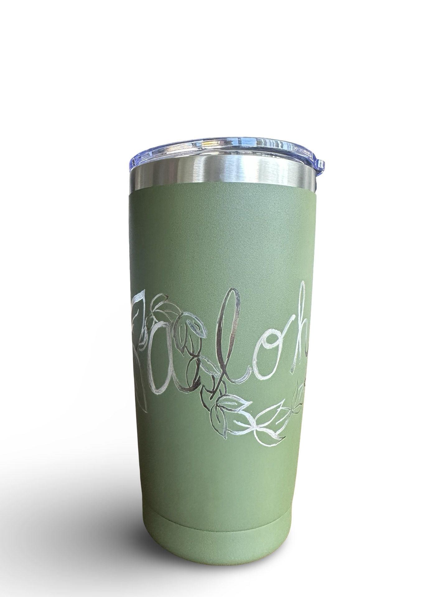Aloha Vibes – 20 oz Hand-Engraved Olive Green Stainless Steel Tumbler