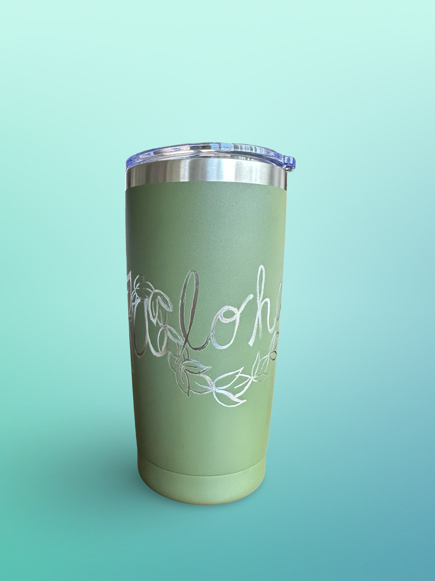 Aloha Vibes – 20 oz Hand-Engraved Olive Green Stainless Steel Tumbler