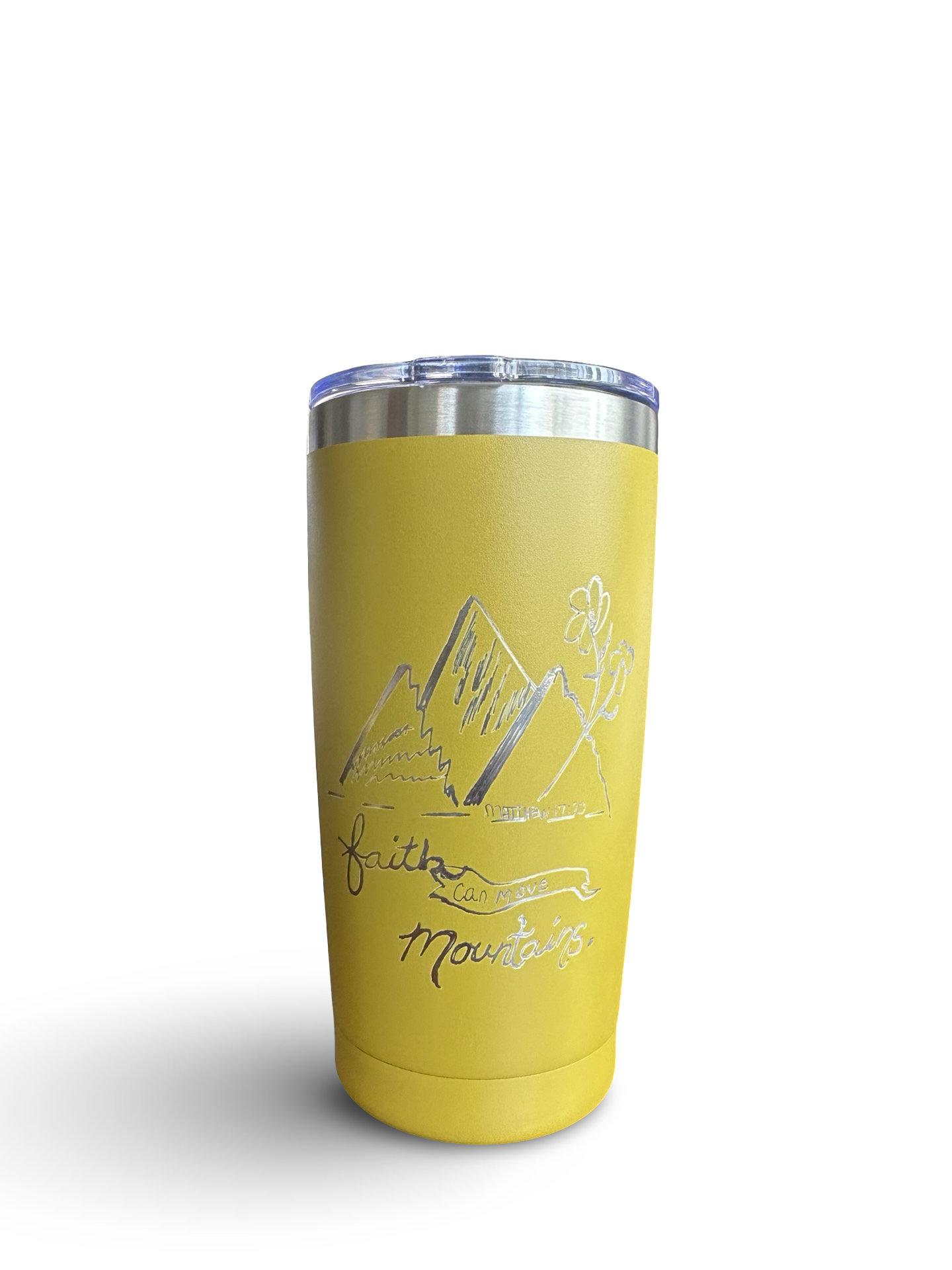 Faith Can Move Mountains – 20 oz Hand-Engraved Mustard Yellow Stainless Steel Tumbler
