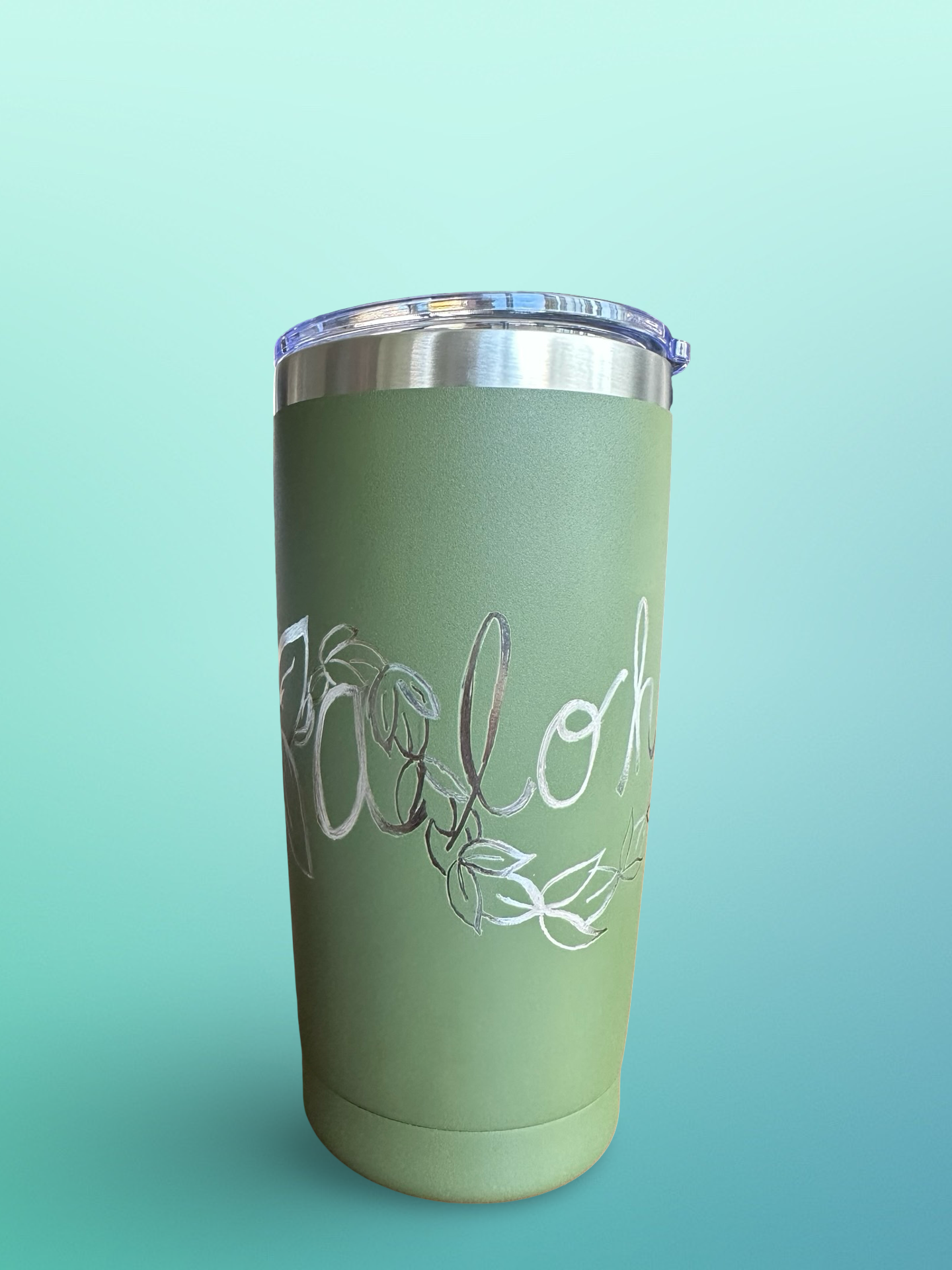 Aloha Vibes – 20 oz Hand-Engraved Olive Green Stainless Steel Tumbler
