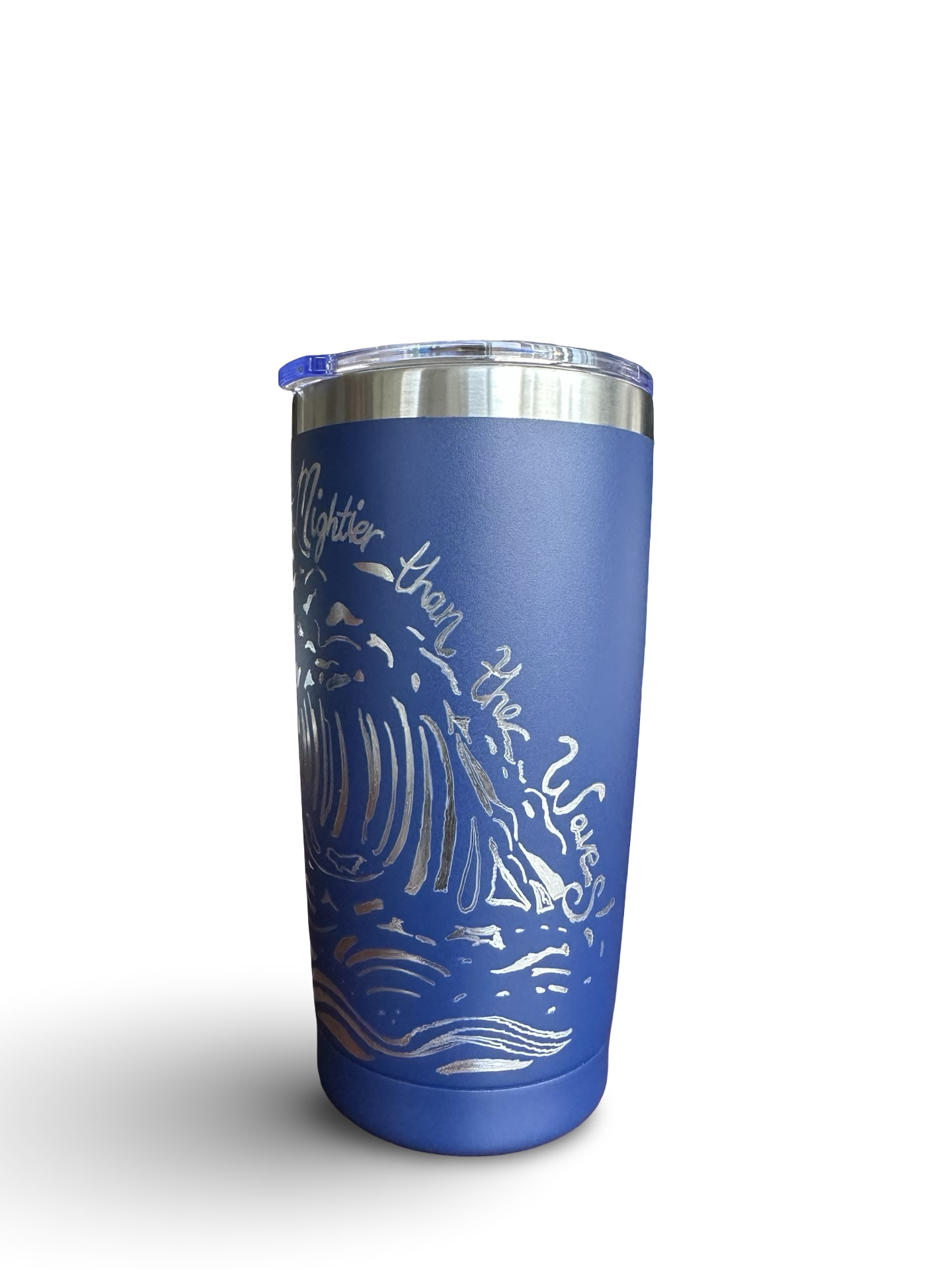 Mightier Than the Waves – 20 oz Hand-Engraved Navy Stainless Steel Tumbler