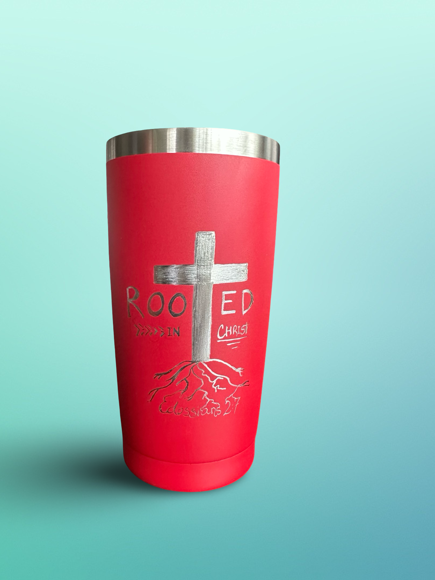 Rooted in Christ – 20 oz Hand-Engraved Red Stainless Steel Tumbler