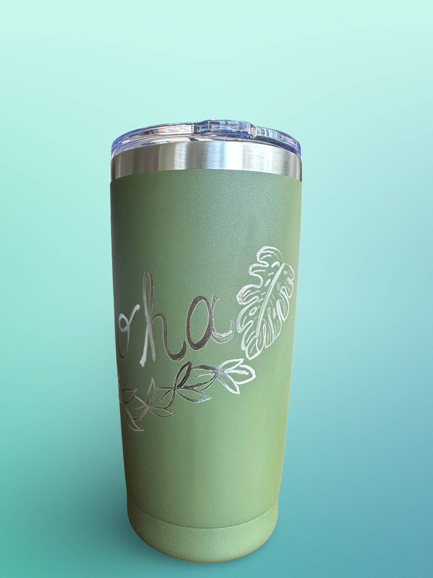 Aloha Vibes – 20 oz Hand-Engraved Olive Green Stainless Steel Tumbler