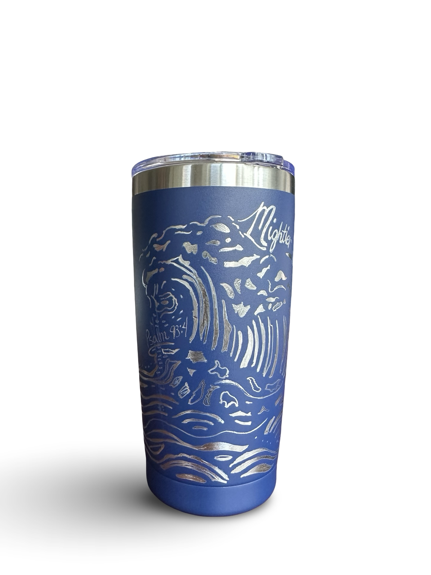 Mightier Than the Waves – 20 oz Hand-Engraved Navy Stainless Steel Tumbler