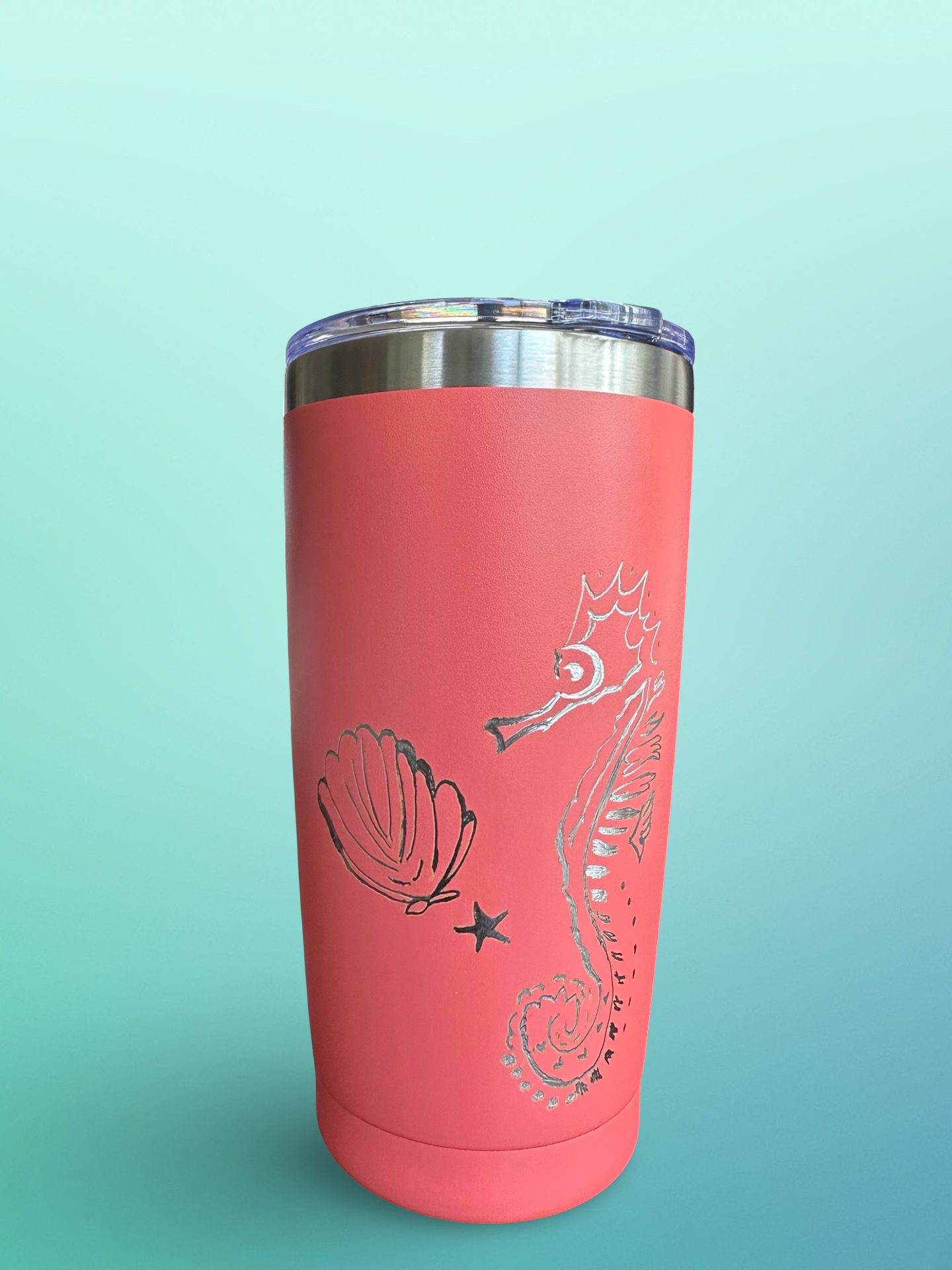 Seahorse Dreams – 20 oz Hand-Engraved Coral Stainless Steel Tumbler