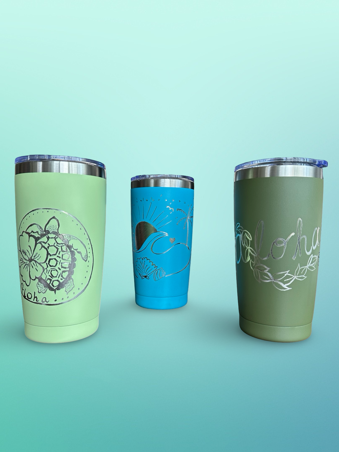Aloha Vibes – 20 oz Hand-Engraved Olive Green Stainless Steel Tumbler