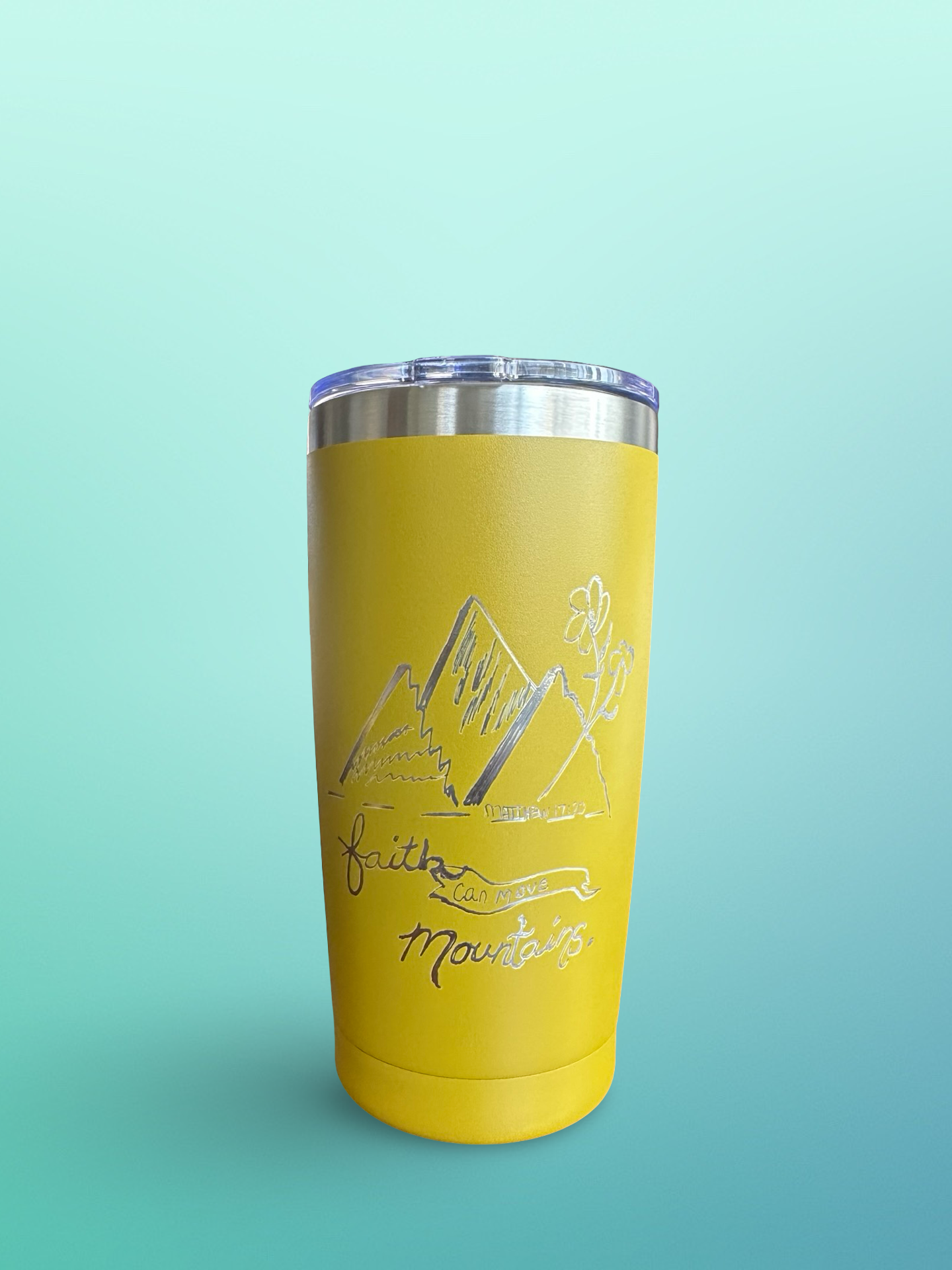 Faith Can Move Mountains – 20 oz Hand-Engraved Mustard Yellow Stainless Steel Tumbler